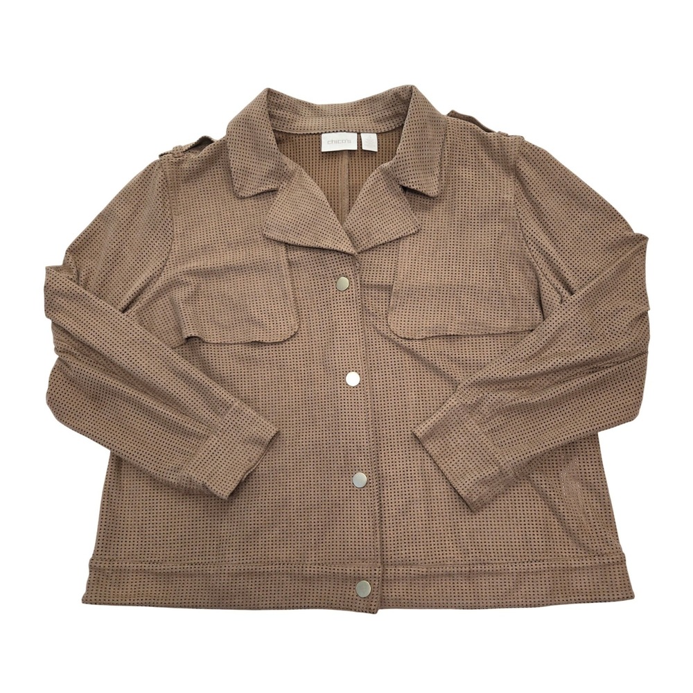 Chicos 3 Tan Perforated Laser Cut Utility Jacket Snap Front Women XL Casual Chic